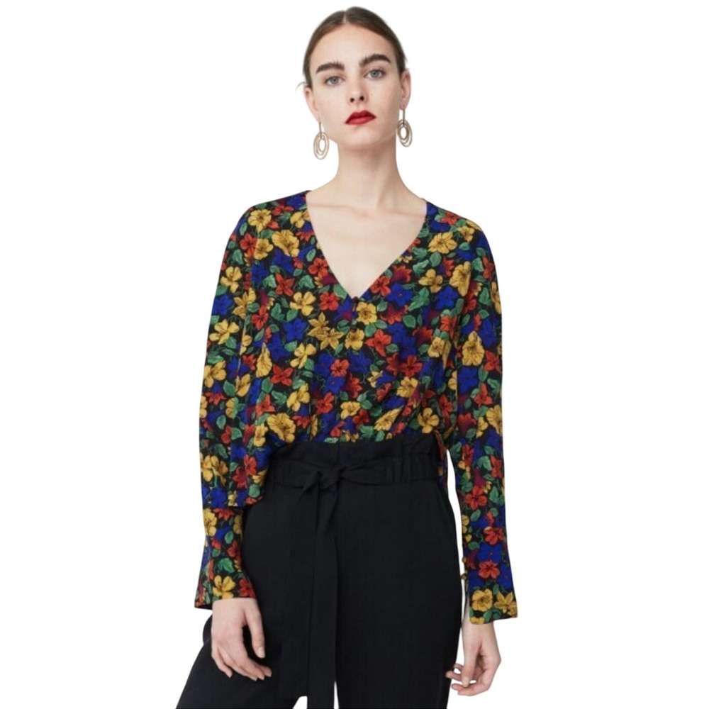Mango Floral Blouse Top Sz S 90s Inspired Boho Romantic Relaxed Business Casual